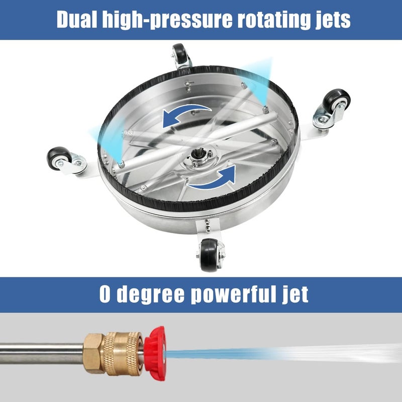 janz 16" Pressure Washer Surface Cleaner with 4 Wheels, Stainless Steel Housing, 1/4" Quick Plug, 2 Extension Wand Attachments, 2 Replacement Nozzles and 3 Spray Nozzles, 4000 PSI - Image 4